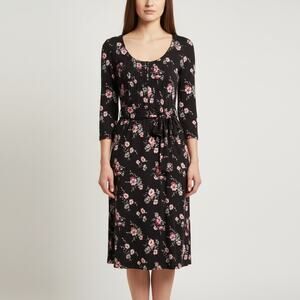 Fat Face Floral Midi Dress Women’s Size 10 Black Pink Print 3/4 Sleeve Scoop